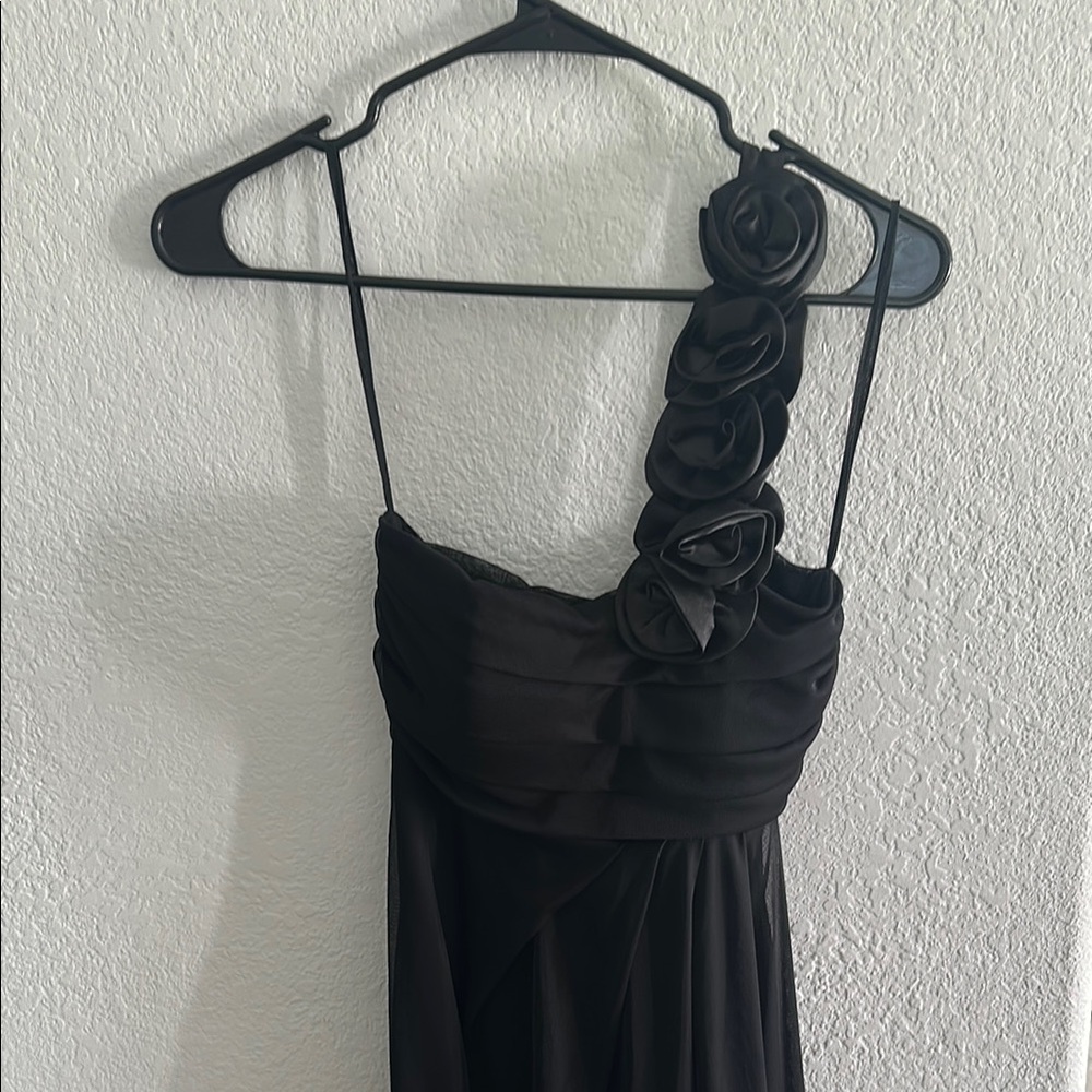 Chic Black Asymmetrical Dress with Floral Strap